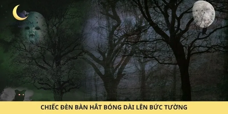 Chiếc đèn bàn hắt bóng dài lên bức tường